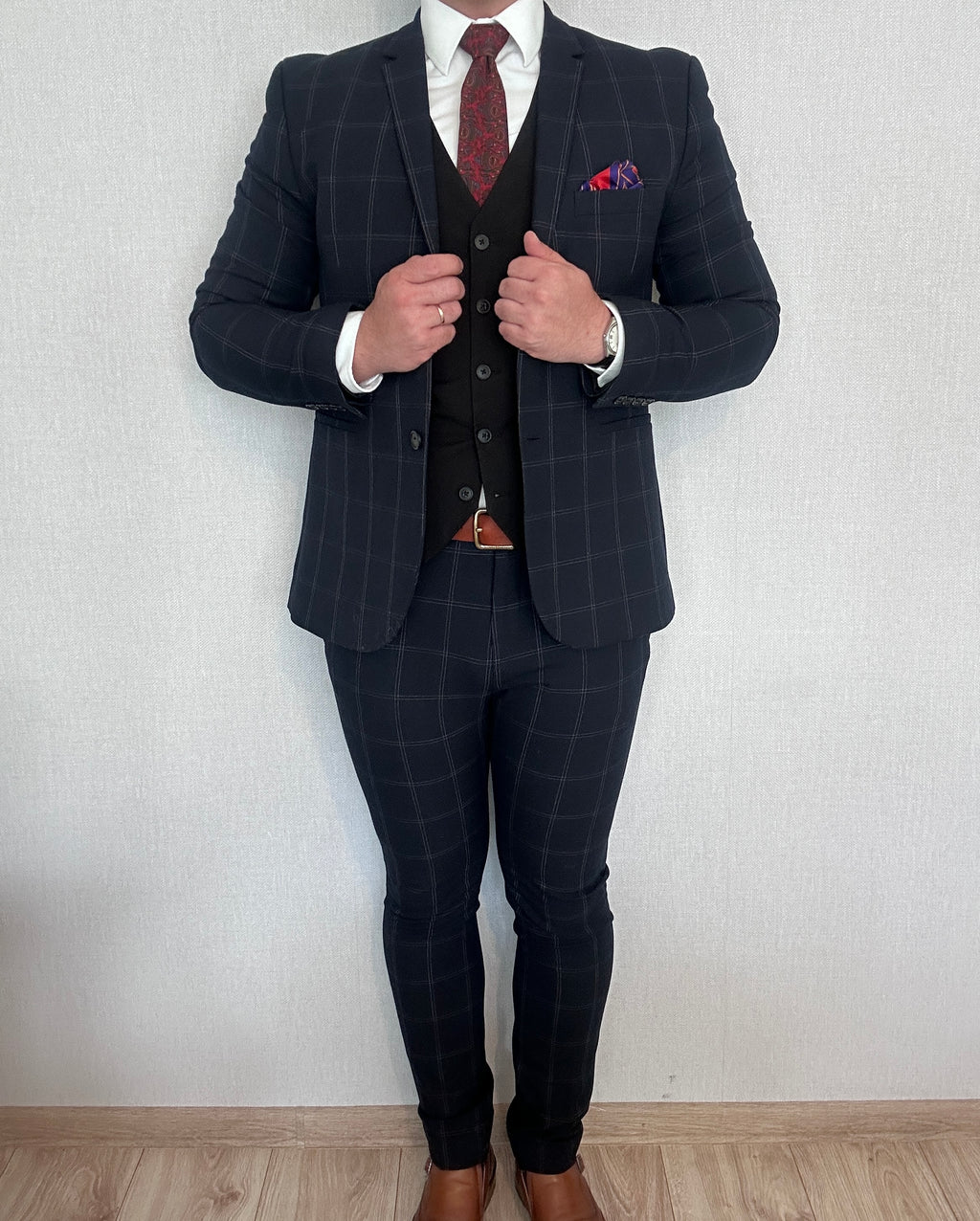 Garnitur ciemnogranatowy krata H&M 50
