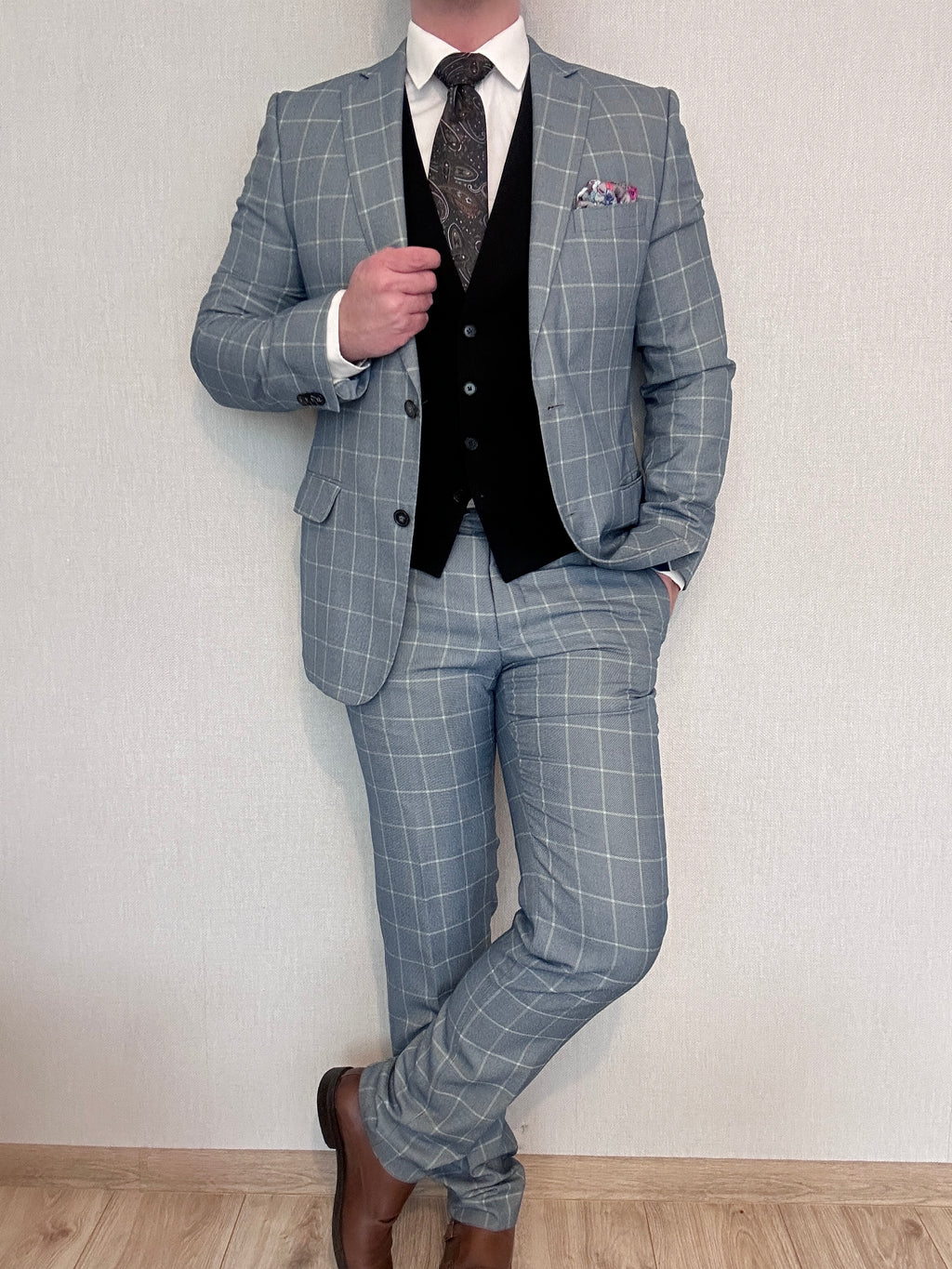 Garnitur jasnoniebieski/szary krata Bytom 182/100/88