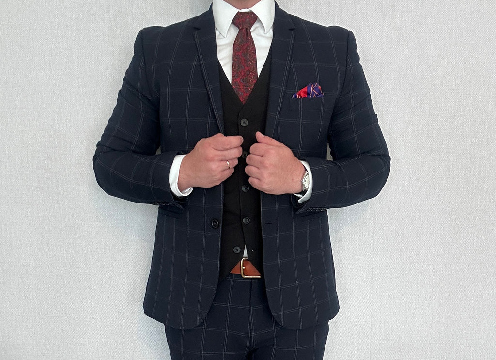 Garnitur ciemnogranatowy krata H&M 50