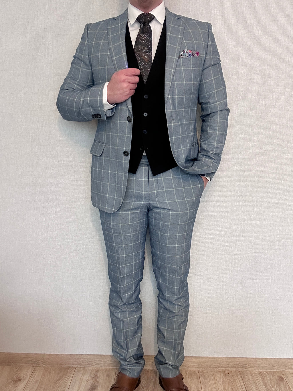 Garnitur jasnoniebieski/szary krata Bytom 182/100/88