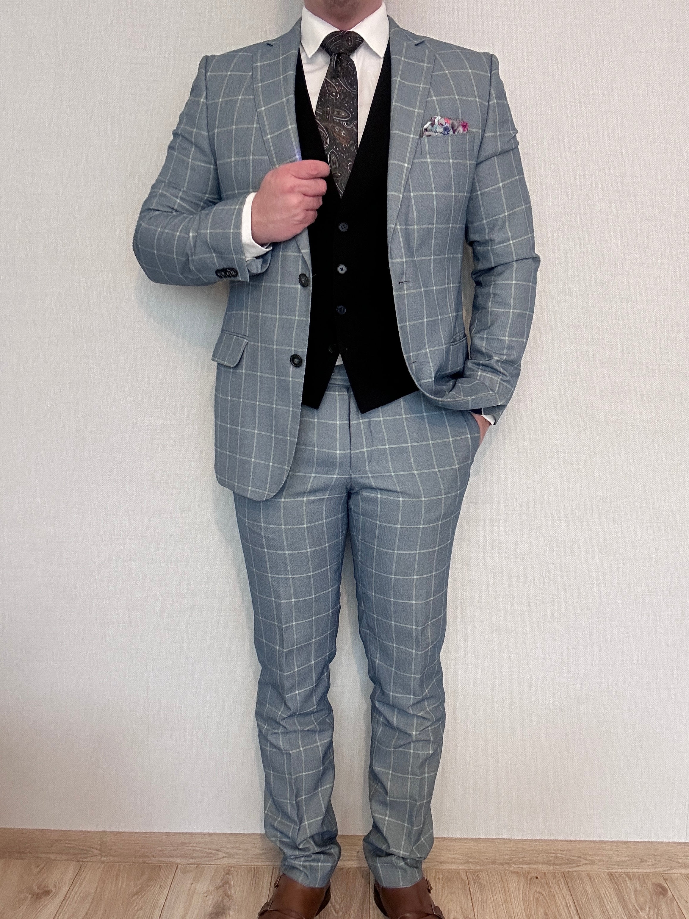 Garnitur jasnoniebieski/szary krata Bytom 182/100/88