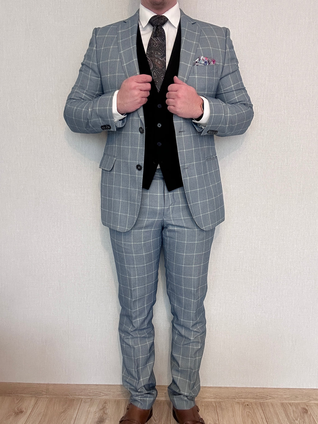 Garnitur jasnoniebieski/szary krata Bytom 182/100/88